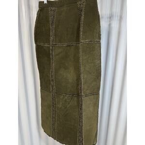 Vintage SMH Olive Patchwork Leather Skirt Boho Romance Midi Size 6